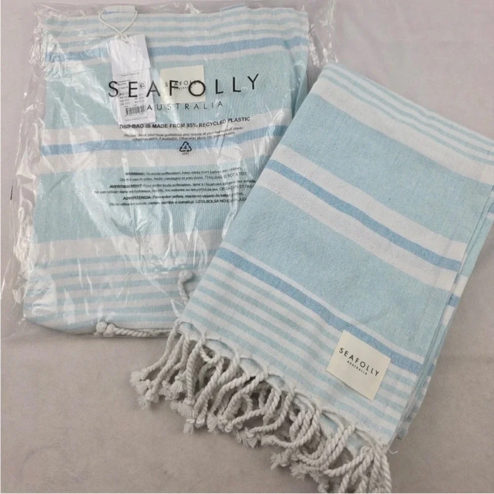Seafolly Australia Turkish Towel Set Blue Mist Stripe Beach Bag NEW